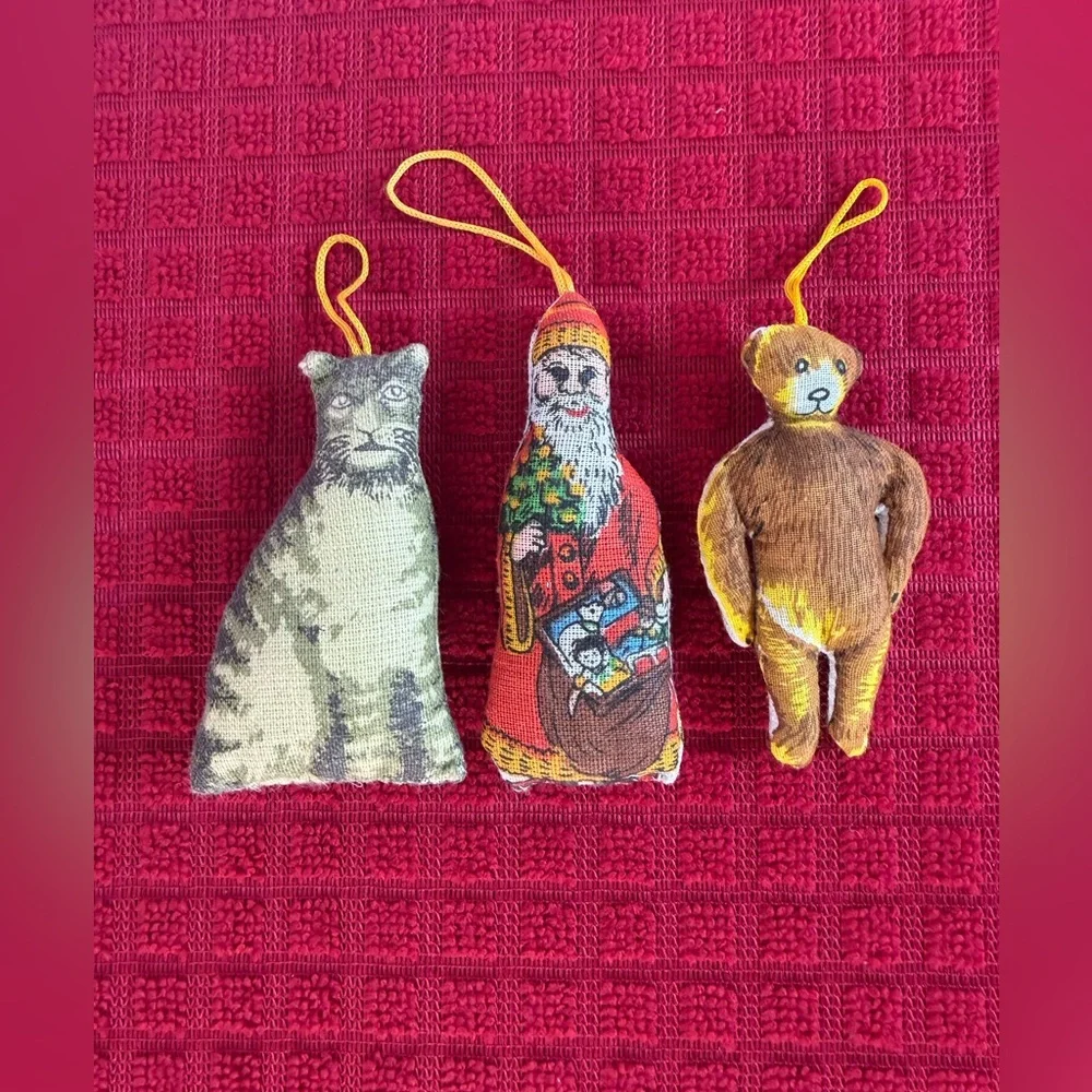 Shackman Co. Lot 3 Fabric Christmas Ornaments Cat Santa Teddy Bear Vintage